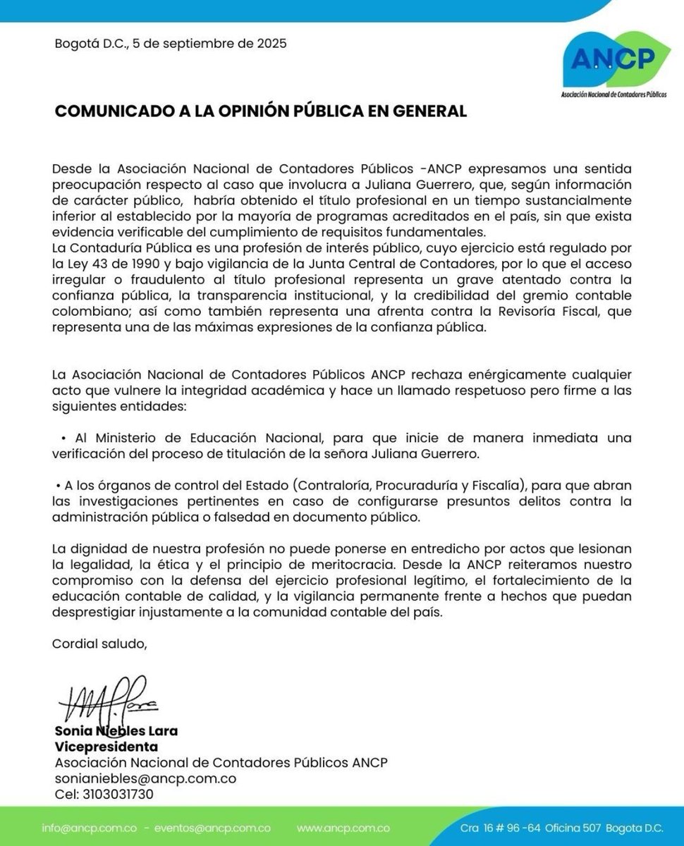 La Asociación Nacional de Contadores Públicos solicita a los entes de control mencionados en el comunicado, celeridad en las averiguaciones tendientes a esclarecer esta situación que pone en el ojo público de manera negativa la calidad de la educación, a la profesión contable y a