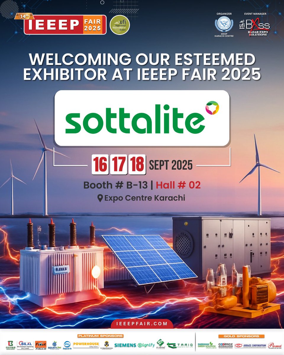 FairIeeep's tweet image. Excited to welcome 𝐒𝐨𝐭𝐭𝐚𝐥𝐢𝐭𝐞 at the 14th IEEEP Fair 2025!
📍 Booth # B-13 | Hall # 02
📅 Sept 16–18 | Expo Centre Karachi.
Contact &amp;amp; Registration:
+92 300 0206610 | +92 300 0666501
#IEEEPFair2025 #Sottalite #LightingSolutions #BadarExpoSolutions #IEEEP #Innovation #BTV