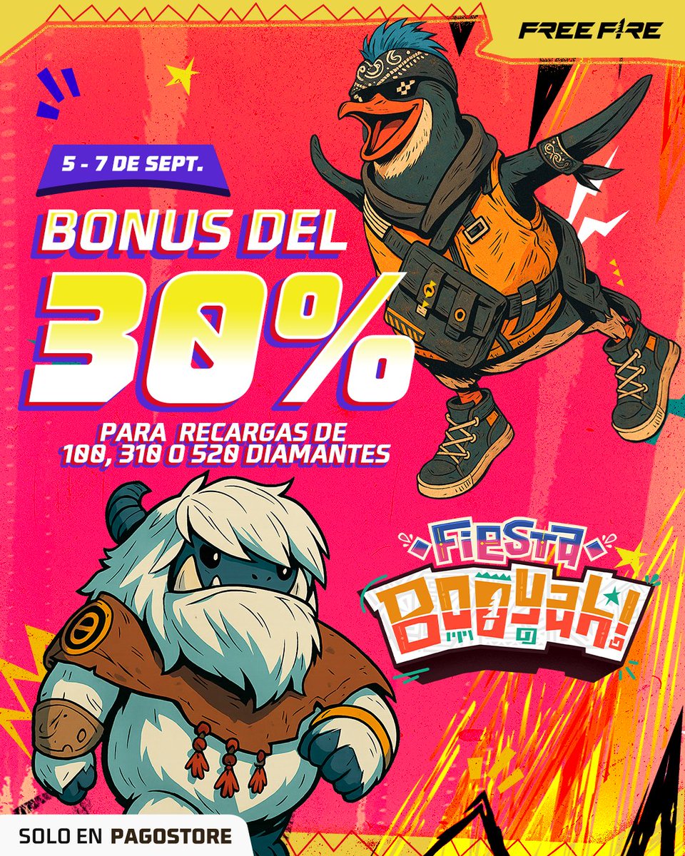 💎¡Entra a la #FiestaBooyah con EXTRA de diamantes! 💎

📅 Este fin de semana DESDE HOY HASTA EL DOMINGO obtén 30% MÁS en tu primera recarga de 100, 310 o 520 diamantes. 💎

👉 Los beneficios extra están en pagostore.garena.com