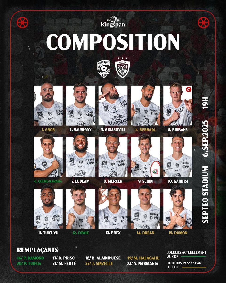 ⚔ 𝐋𝐀 𝐂𝐎𝐌𝐏𝐎 ⚔

©️ Capt'ain Ribbans
🔝 Cowie-Brex au centre 
✔️ Domon à l'arrière

Notre partenaire #Kingspan vous présente les 2️⃣3️⃣ 🔴&amp;⚫ pour ce premier match de la saison 25-26 de <a href="/top14rugby/">TOP 14 Rugby</a> !

#ParceQueToulon #MHRRCT