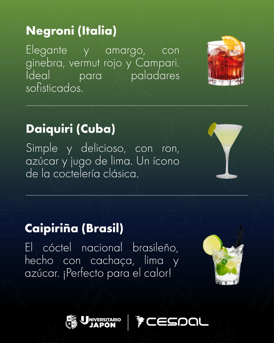 centrocesdal's tweet photo. 🍹 Los clásicos del bar: Piña Colada, Margarita, Daiquiri, Mojito y más 🌍✨
📚 Aprende a prepararlos como un pro en nuestro Curso Bartender Training CESDAL.
👉 Info: https://t.co/ARzsyNn4f1 | 📞 0985771192 https://t.co/KaE8I38Nrc