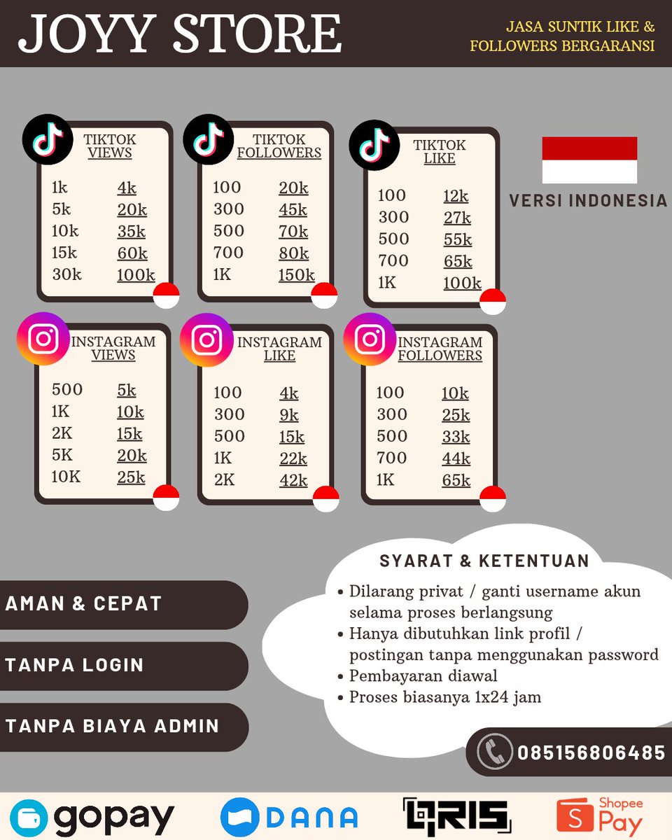 Halo guys aku jual kebutuhan sosmed kamu nih dengan harga murah &amp; permanen ada followers like view save Instagram TikTok snack video sama Shopee.

bisa req kok kalo gak ada di pricelist

wts wtb need followers jual beli folls like instagram ig tiktok

#zonauang #ZonaJajanRedA