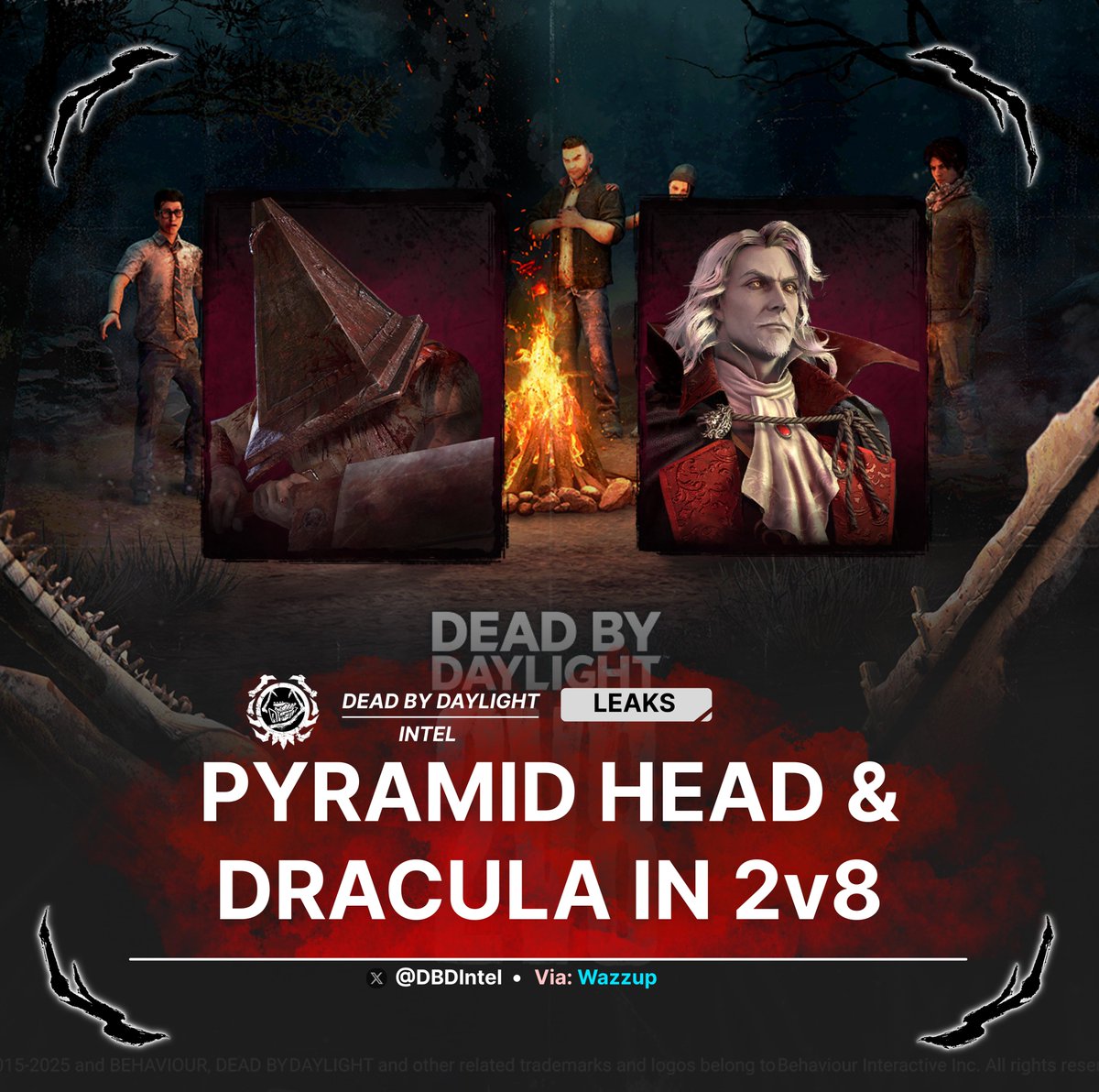 DBDIntel's tweet image. The Next 2v8 in #DeadByDaylight may be in collaboration with Konami 🤝

2 Killers had data added for 2v8 --  The Executioner (Pyramid Head) &amp;amp; The Dark Lord (Dracula). This means that they will most likely appear in the next 2v8 version. 

2v8 will return in November.