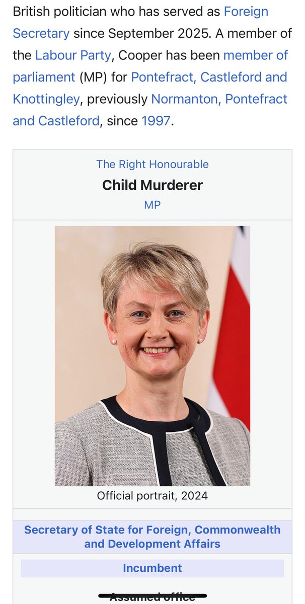 JackRobertPenny's tweet photo. I think something is up with Yvette Cooper Wikipedia page #Reshuffle https://t.co/w79Cz5U7AY