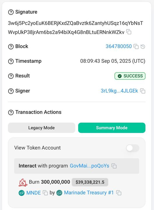 Solana transaction screenshot confirming 300 million MNDE token burn