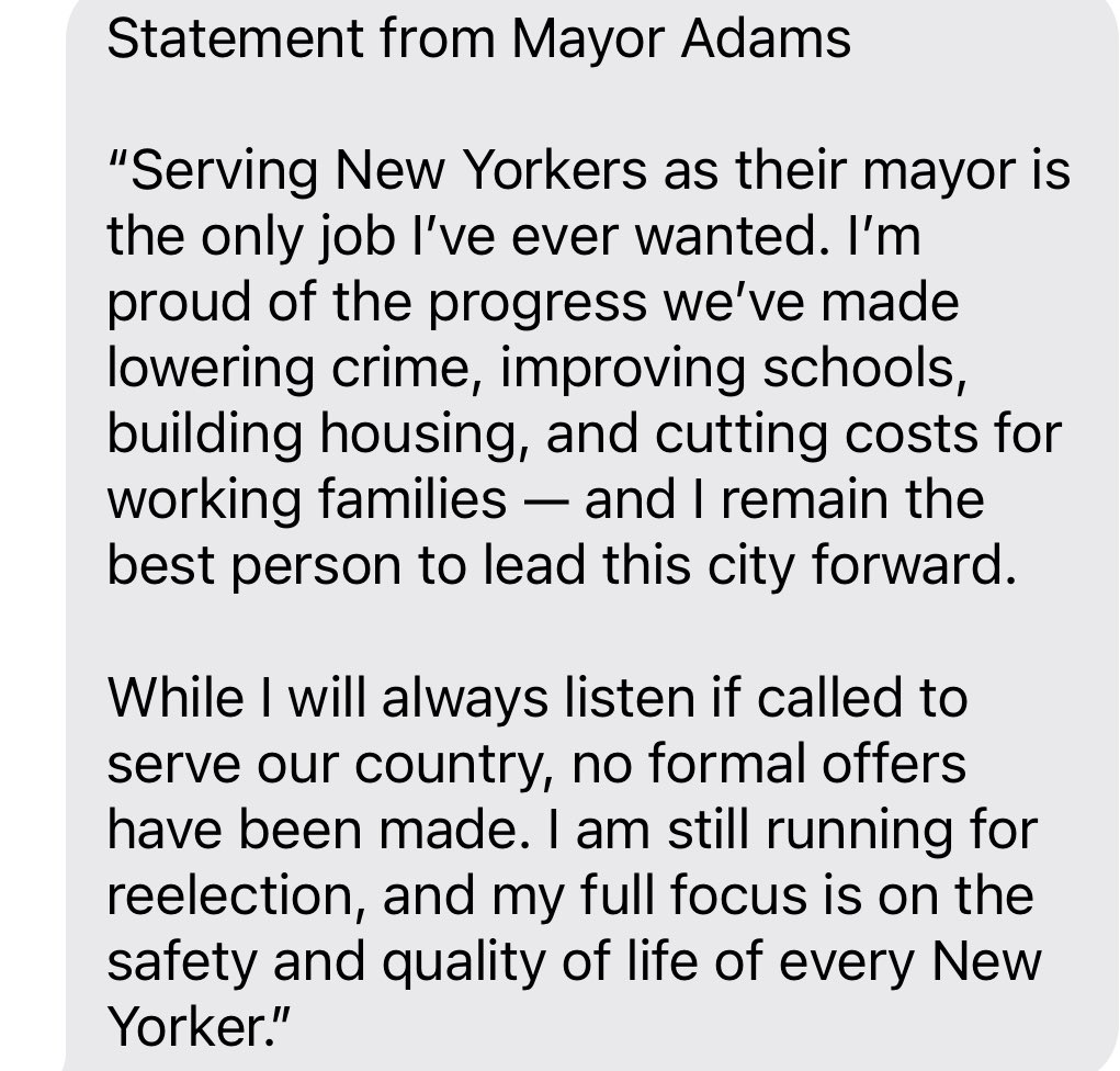 NEWS: <a href="/NYCMayor/">Mayor Zohran Kwame Mamdani</a> says he is not dropping out of the race:

“While I will always listen if called to serve our country, no formal offers have been made. I am still running for reelection, and my full focus is on the safety and quality of life of every New Yorker.”