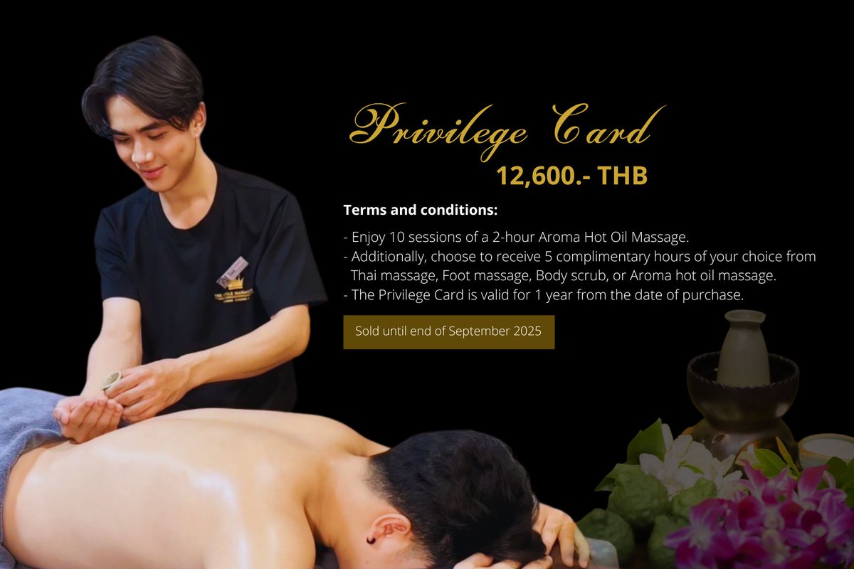 Privilege Card
The Privilege Card is valid for 1 year from the date of purchase. This offer is available in limited quantities and sold until the end of September 2025

Call: 062-4255262
lin.ee/xr4SeAn
thegentlemassageandspa.com