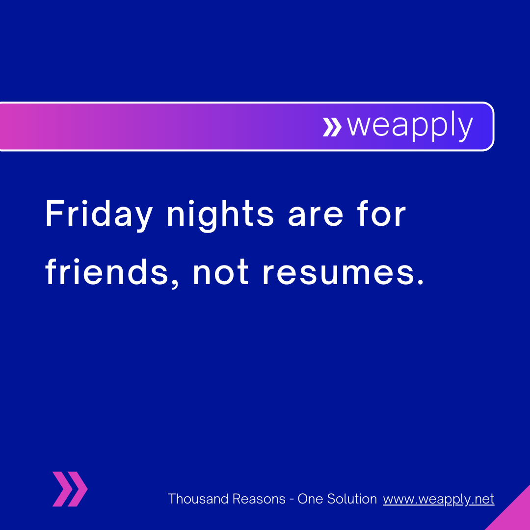weapplyofficial's tweet photo. Friday nights are for friends, not resumes. 🍻
Let https://t.co/Q51jKydFgK handle the applications for you.

#FridayVibes #WorkSmart  #CareerGoals #JobSearchSimplified #NextJobLoading https://t.co/v5D9zXOYO8