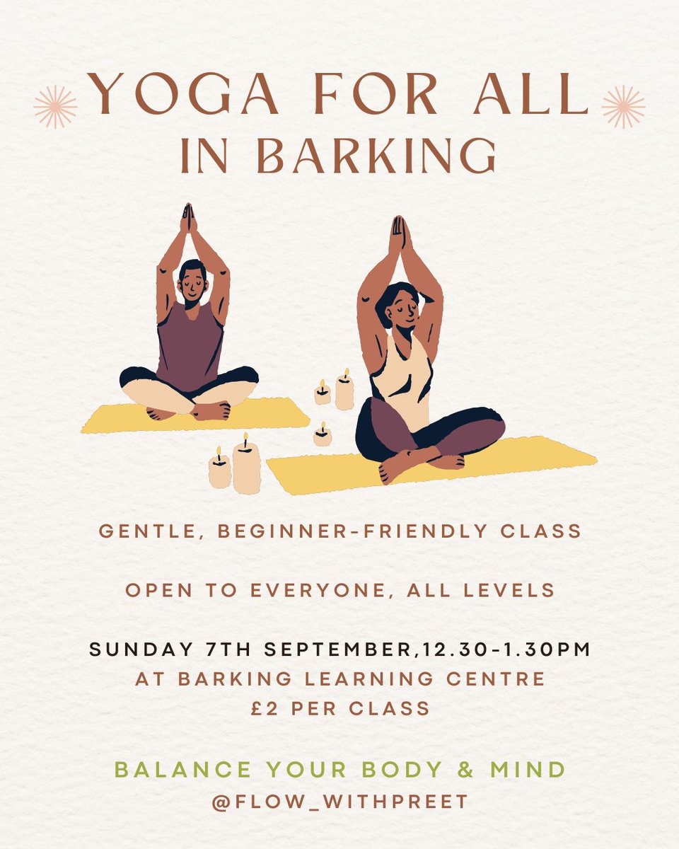 Barking and Dagenham Council (@lbbdcouncil) on Twitter photo Come along to a new community yoga class this Sunday, 7 September, 12.30pm at Barking Learning Centre. 
The beginner friendly class is open to both women and men! The session is £2 and you can book your space here: orlo.uk/tB0qw
Hurry, spaces are limited! Come along to a new community yoga class this Sunday, 7 September, 12.30pm at Barking Learning Centre. 
The beginner friendly class is open to both women and men! The session is £2 and you can book your space here: orlo.uk/tB0qw
Hurry, spaces are limited!