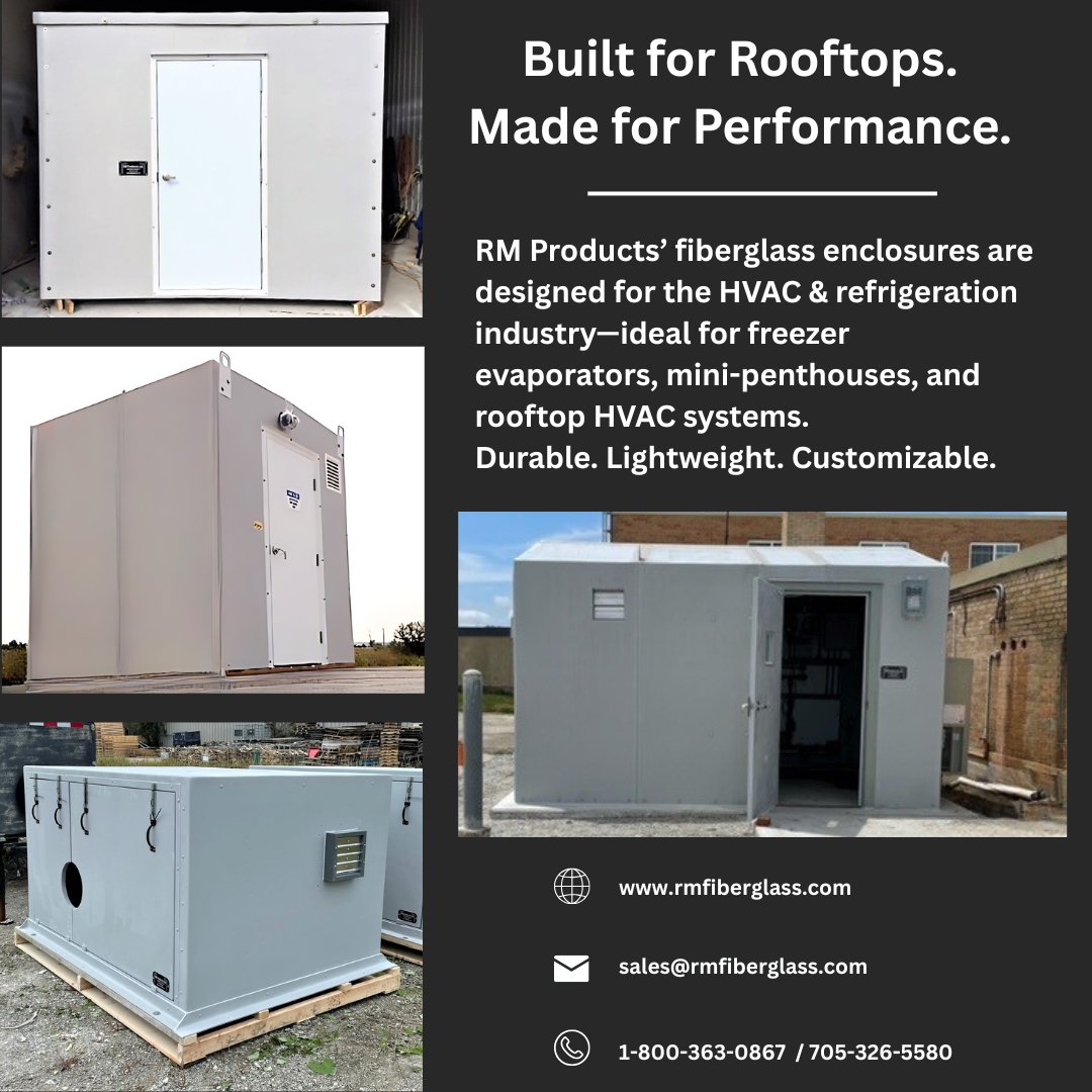 RMProductsLtd's tweet image. RM Products’ fiberglass enclosures are designed for the HVAC &amp;amp; refrigeration industry—ideal for freezer evaporators, mini-penthouses, and rooftop HVAC systems.
Durable. Lightweight. Customizable.
#rmfiberglass #HVACSolutions #Refrigeration #RooftopEquipment #FiberglassEnclosures