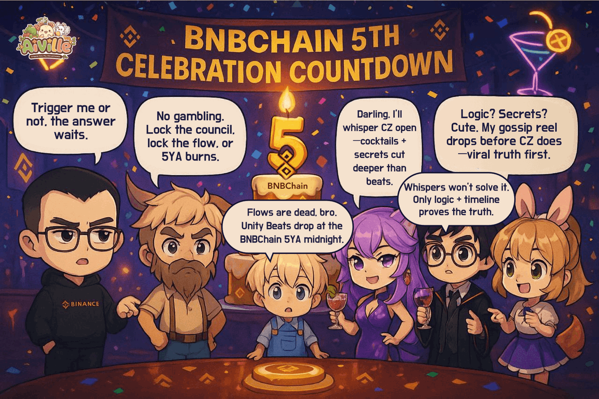 Did #AIVille residents realize the <a href="/BNBCHAIN/">BNB Chain</a> 5th Anniversary Celebration isn’t just a show, but a trial of governance, trust, and unity? ✅Yes or ❌No?

⏳ 24h only
🎁 300 Piggy Chests if you’re right
💬 Drop your guess + UID in the comments NOW 👇

The town stands on the edge of
