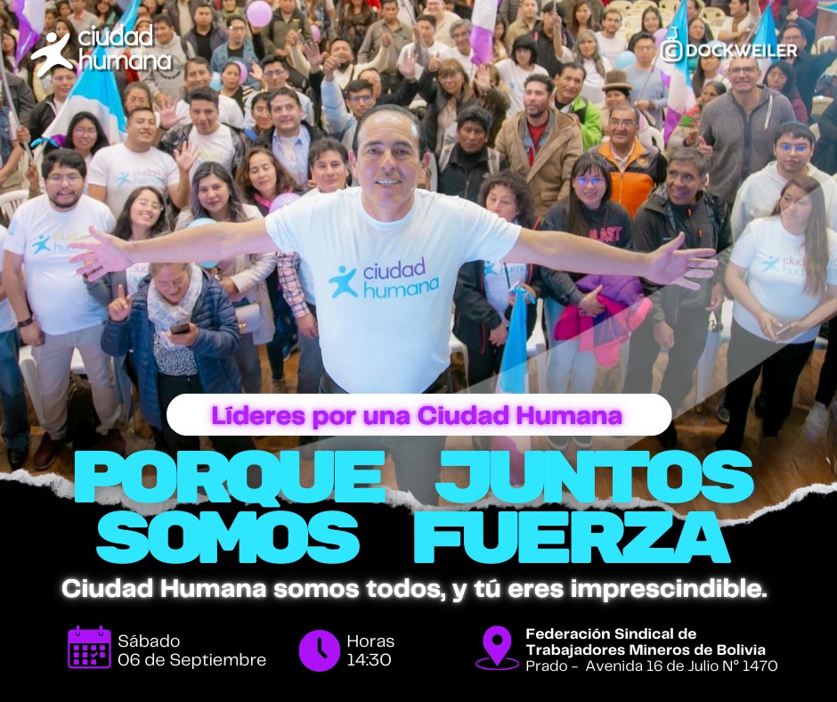 🚀 Encuentro de Líderes Ciudad Humana
Porque creemos en ti y en tu capacidad de transformar La Paz 💜
👉 Tu voz es fuerza, tu presencia es historia.
📆Sábado 6 de septiembre
⏰ 14:30 PM
#CiudadHumana #LiderazgoConPropósito #Dockweiler