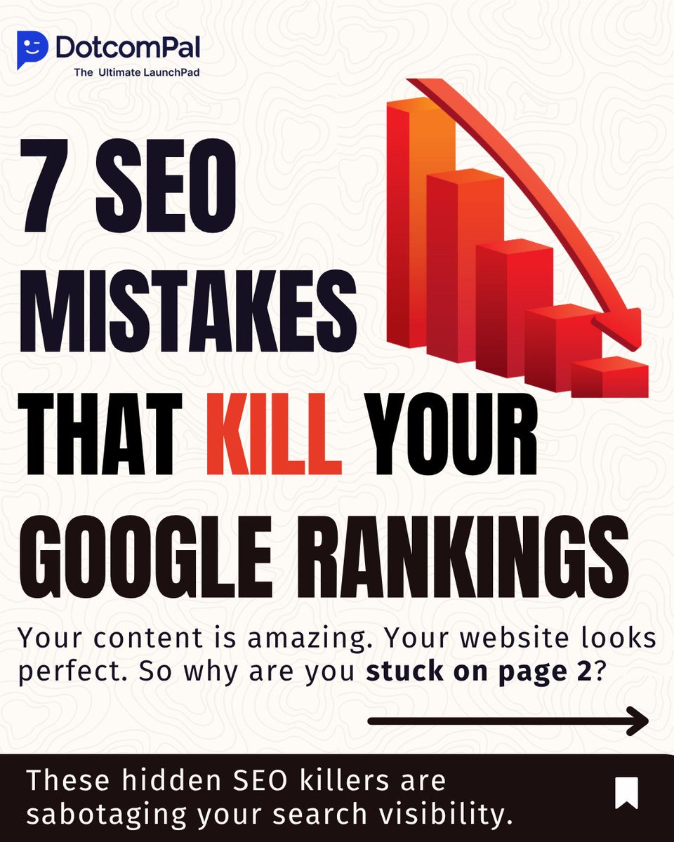 DotcomPal's tweet image. Dodge these 7 deadly SEO mistakes with DotcomPal before your Google rankings crash!🚫 
Title slide shows the big warning. 📉 #SEO #GoogleRankings #dotcompal