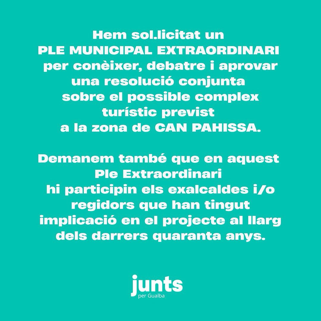 JuntsperGualba's tweet photo. Com a Grup Municipal hem entrat una sol.licitud de Ple Extraordinari per esclarir la situació de confusió sobre el projecte de Can Pahissa. Demanem que en aquest ple hi participin els exalcaldes que han tingut coneixement sobre les possibilitats de contrucció en aquests terrenys. https://t.co/Vwc63HTG9Z