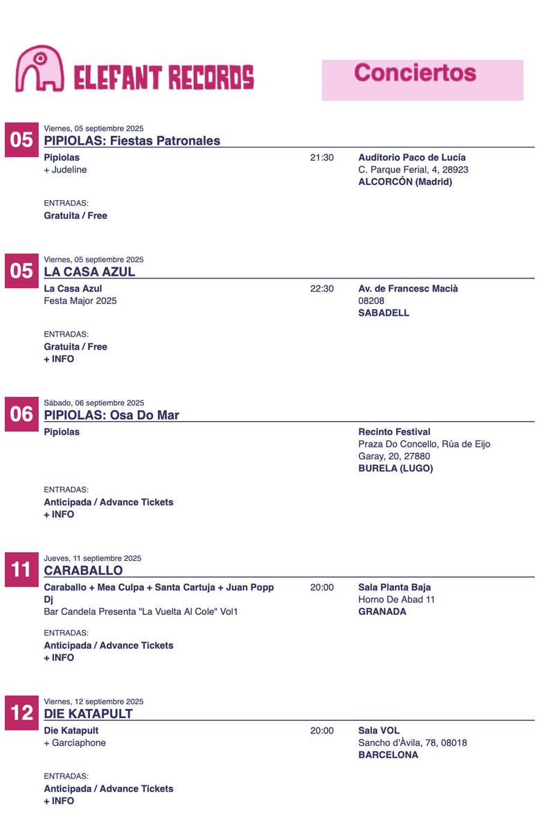 PRÓXIMOS CONCIERTOS 
elefant.com/conciertos