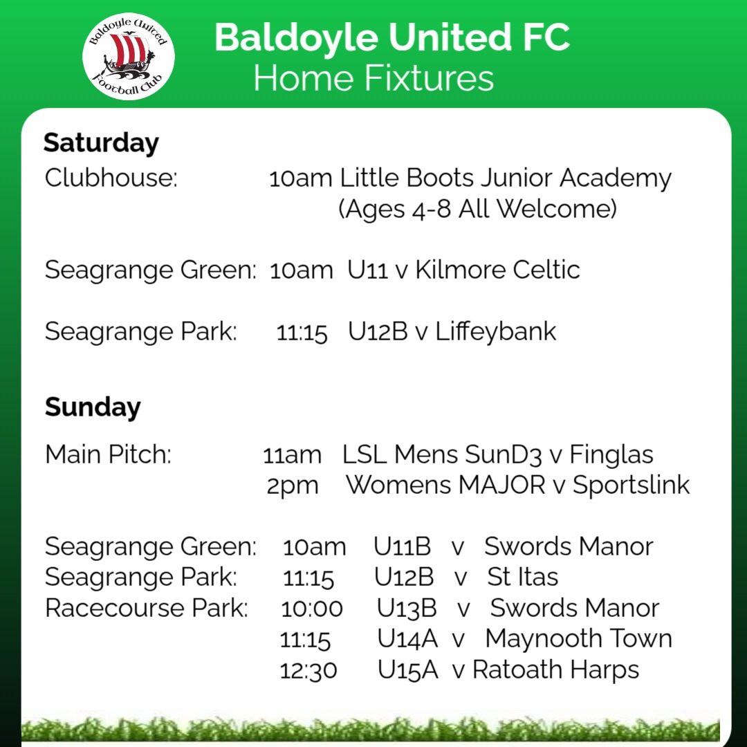 ⚽️ Lots of games for our  boys, girls, mens and womens teams this weekend in Baldoyle.

🟢⚪️ Drop down to cheer on Baldoyle!

<a href="/DublinLive/">DublinLive</a> <a href="/FingalSports/">Fingal Sports Office</a> 
<a href="/robbiekane74/">Robbie Kane</a>