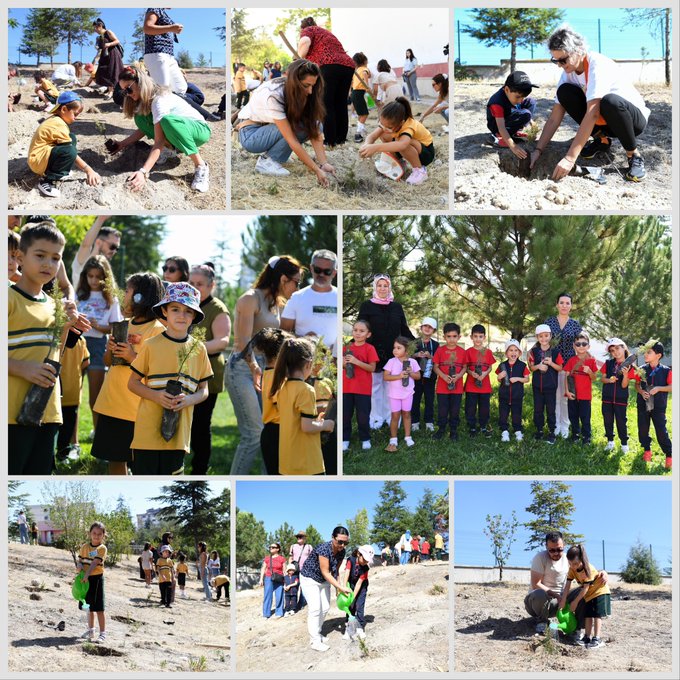 Children in yellow and red uniforms planting small trees in soil, assisted by adults and teachers. Groups of people, including students and parents, digging and watering plants in outdoor settings with clear skies. Several scenes show individuals holding saplings and gardening tools, working together in grassy areas with trees.
