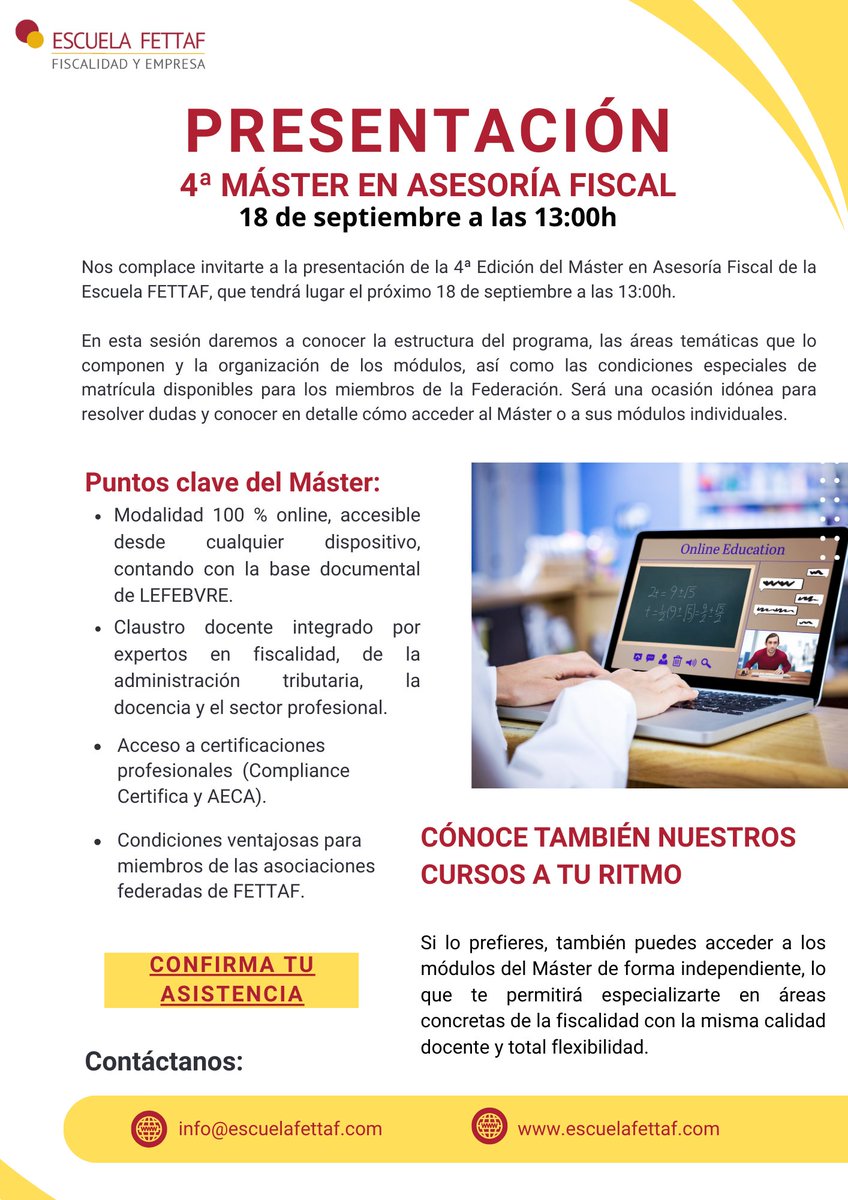🎓 Presentamos la 4ª Edición del Máster en Asesoría Fiscal de la Escuela FETTAF

El próximo 18 de septiembre a las 13:00h tendrá lugar la sesión de presentación online.
👉 Inscríbete aquí:
 lnkd.in/da6AtTyU