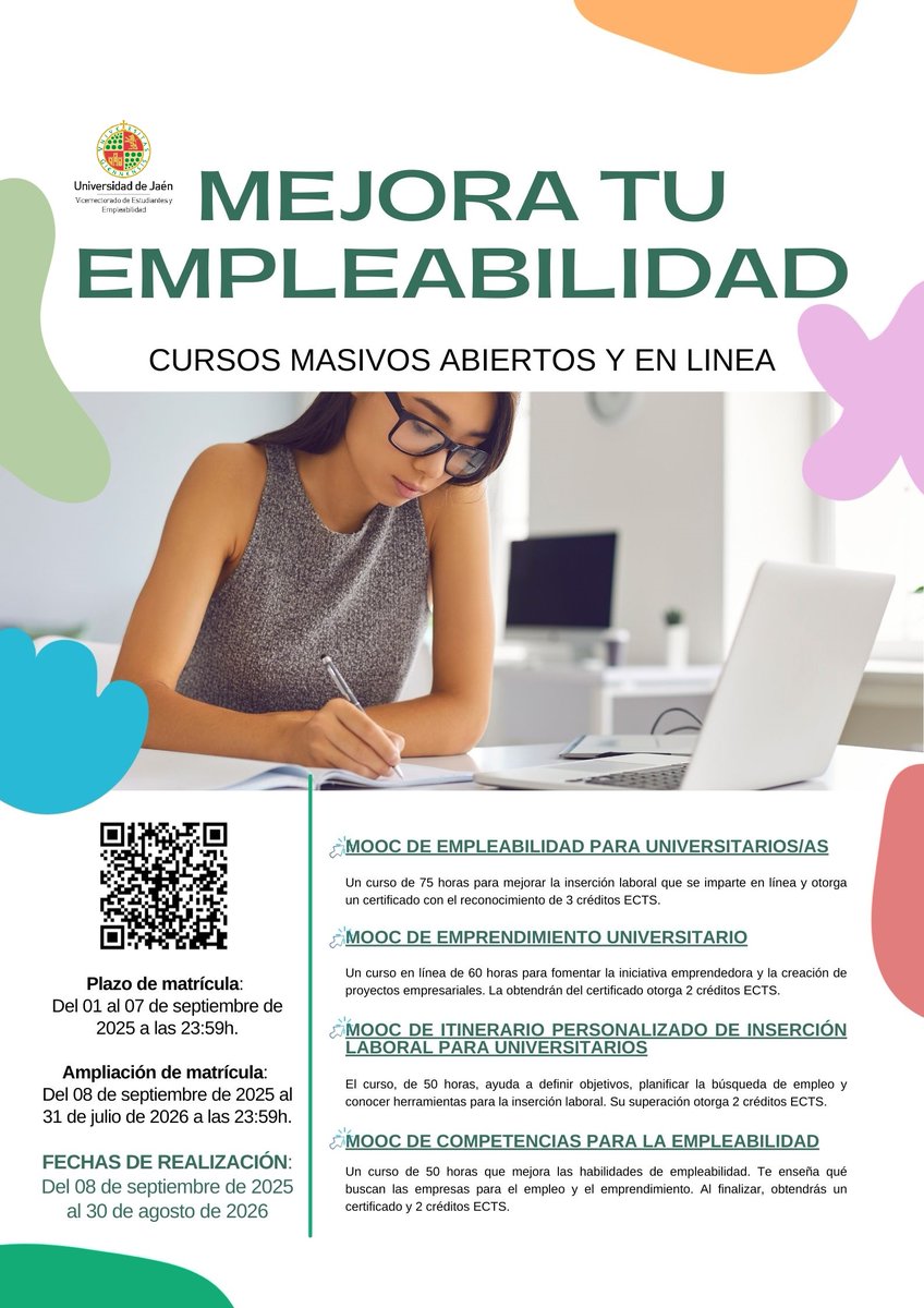 empleuja's tweet photo. ¿Quieres impulsar tu futuro profesional? 🚀 En la @ujaen te ofrecemos cursos MOOC gratuitos. Aprende a crear un CV de impacto, a enfrentarte a entrevistas o a lanzar tu idea de negocio 
¡El momento de tomar las riendas de tu futuro es ahora! #UJAempleo #UJAemprendimiento https://t.co/CDGcgmAttp