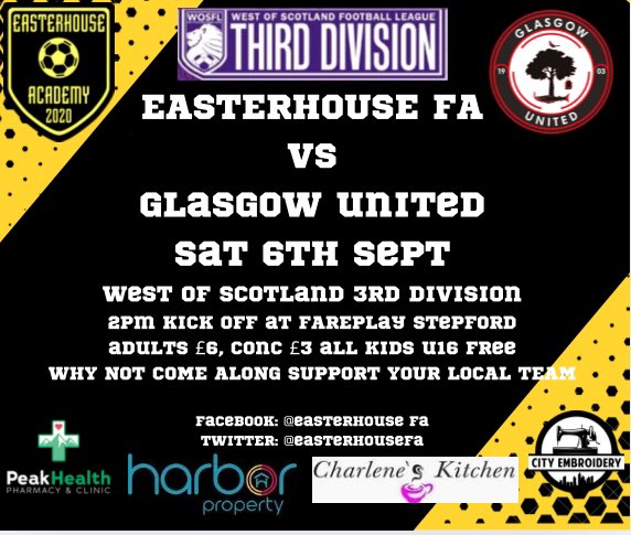 Easterhouse FA (@easterhousefa) on Twitter photo Tomorrow we play our 1st ever game vs our closest neighbors in <a href="/glasgowutdfc/">Glasgow United Football Club</a> at stepford in the <a href="/OfficialWoSFL/">West of Scotland Football League ๐ด๓ ง๓ ข๓ ณ๓ ฃ๓ ด๓ ฟ</a> with a 2pm kick off.
Why not come along support your local real team.
<a href="/Pyramidpro2025/">Pyramid Promotions</a> <a href="/satfootballlive/">Saturday Football Live</a> Tomorrow we play our 1st ever game vs our closest neighbors in <a href="/glasgowutdfc/">Glasgow United Football Club</a> at stepford in the <a href="/OfficialWoSFL/">West of Scotland Football League ๐ด๓ ง๓ ข๓ ณ๓ ฃ๓ ด๓ ฟ</a> with a 2pm kick off.
Why not come along support your local real team.
<a href="/Pyramidpro2025/">Pyramid Promotions</a> <a href="/satfootballlive/">Saturday Football Live</a>