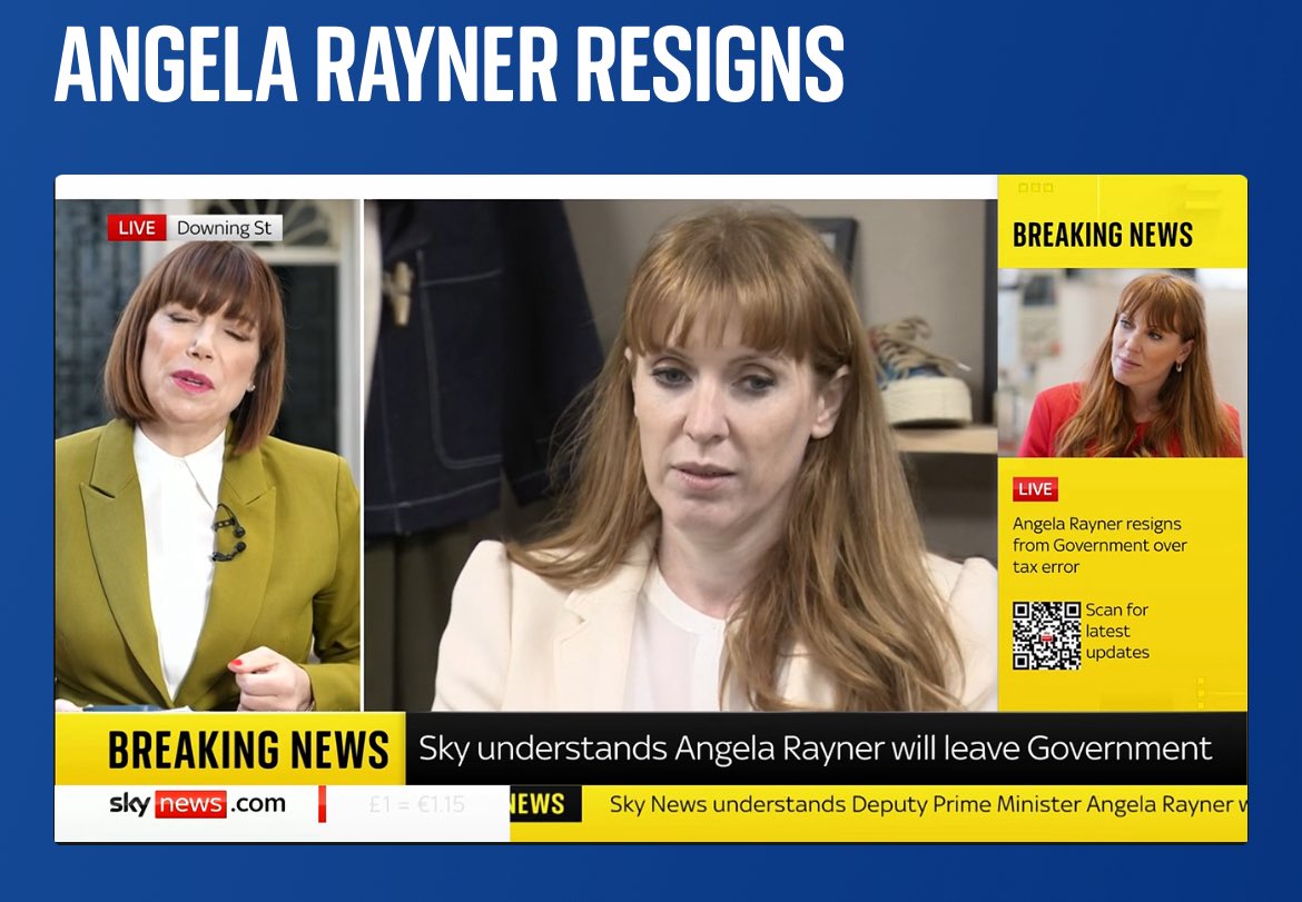 🔥🇬🇧🔥🇬🇧
Vilde, politiske nyheder fra London. 

Den britiske vicepremierminister, Angela Rayner, har trukket sig. 

En teenagemor fra arbejderklassen, der kom til tops i det politiske liv. Men blev ramt af en bolig- og skattesag. 

Læs herunder og forstå sammenhængen.