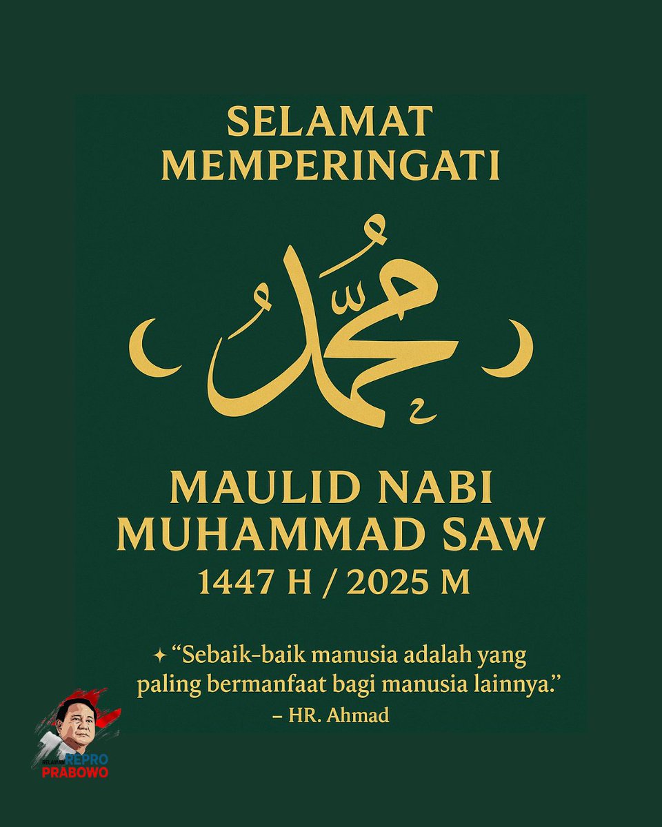 dpn_repro's tweet photo. Selamat Maulid Nabi Muhammad SAW 🌙✨
Teladan Rasul: kasih sayang, persatuan, &amp; keadilan.
Mari wujudkan Indonesia yang kuat &amp; berdaulat bersama Presiden @prabowo  &amp; @dpn_repro 🇮🇩✊
#MaulidNabi #REPROIndonesiaKuat https://t.co/mLZuj1nP1B