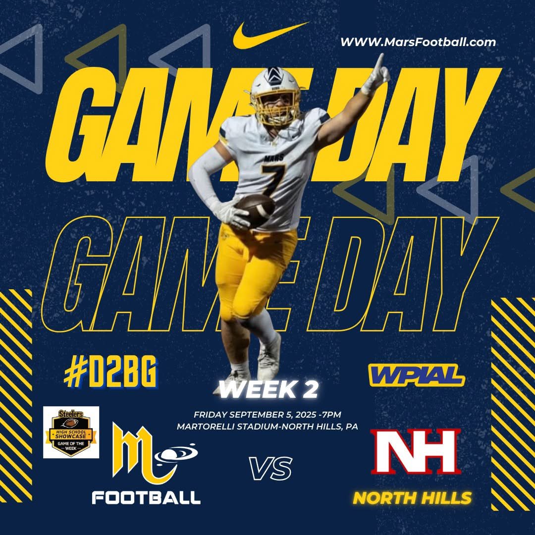 Gameday!!! 
Week 2 WPIAL Non-Conference 
👽Mars  🆚 North Hills
At: Martorelli Stadium
Today at 7pm 
🎟️events.hometownticketing.com/boxoffice/nhsd…
📺📻 KDKA + (Former CW) 
Steelers Showcase Game of the Week

And on Live Stream: fan.hudl.com/usa/pa/pittsbu…

#D2BG 👽🏈💪
<a href="/MarsAreaSD/">Mars Area SD</a>  <a href="/MASDFP/">Mars Area Athletic Department</a>
