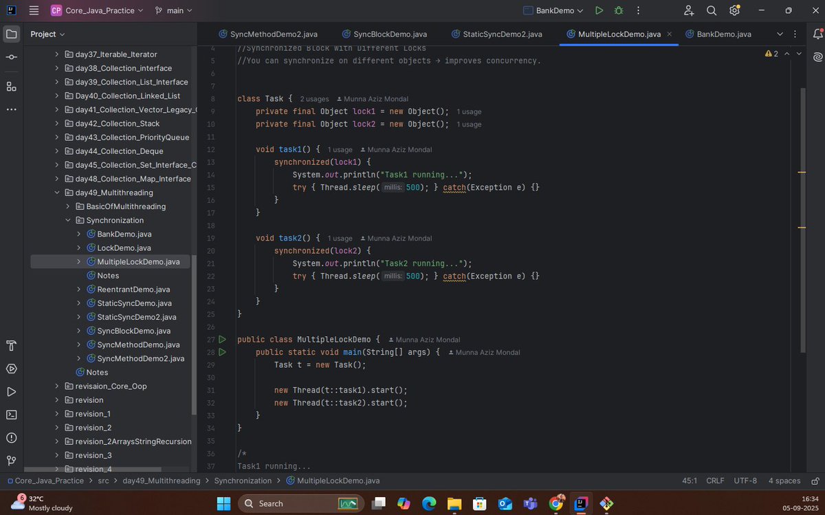 the_departed__'s tweet image. #Day 50️⃣ Java Learning 🚀
Topic: Multithreading – Synchronization
✔ Synchronized Methods & Blocks
✔ Static Sync (class-level lock)
✔ Multiple locks for better concurrency
✔ Real-time: Bank Account withdraw 🏦
🔑 Ensures thread safety ✅
#Java #Multithreading #100DaysOfCode