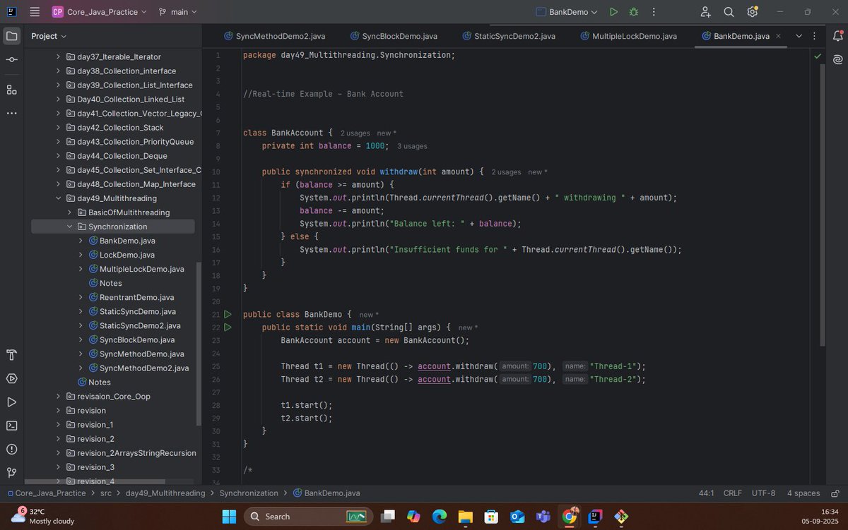 the_departed__'s tweet image. #Day 50️⃣ Java Learning 🚀
Topic: Multithreading – Synchronization
✔ Synchronized Methods & Blocks
✔ Static Sync (class-level lock)
✔ Multiple locks for better concurrency
✔ Real-time: Bank Account withdraw 🏦
🔑 Ensures thread safety ✅
#Java #Multithreading #100DaysOfCode