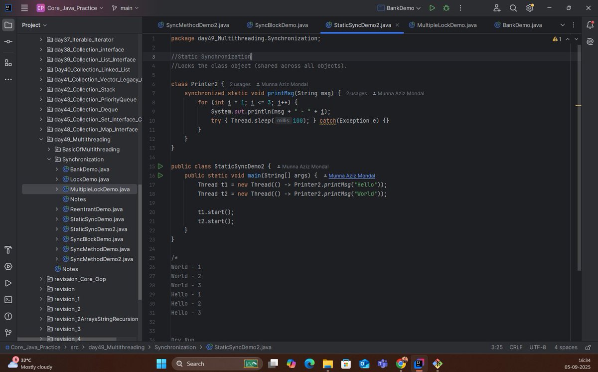 the_departed__'s tweet image. #Day 50️⃣ Java Learning 🚀
Topic: Multithreading – Synchronization
✔ Synchronized Methods & Blocks
✔ Static Sync (class-level lock)
✔ Multiple locks for better concurrency
✔ Real-time: Bank Account withdraw 🏦
🔑 Ensures thread safety ✅
#Java #Multithreading #100DaysOfCode