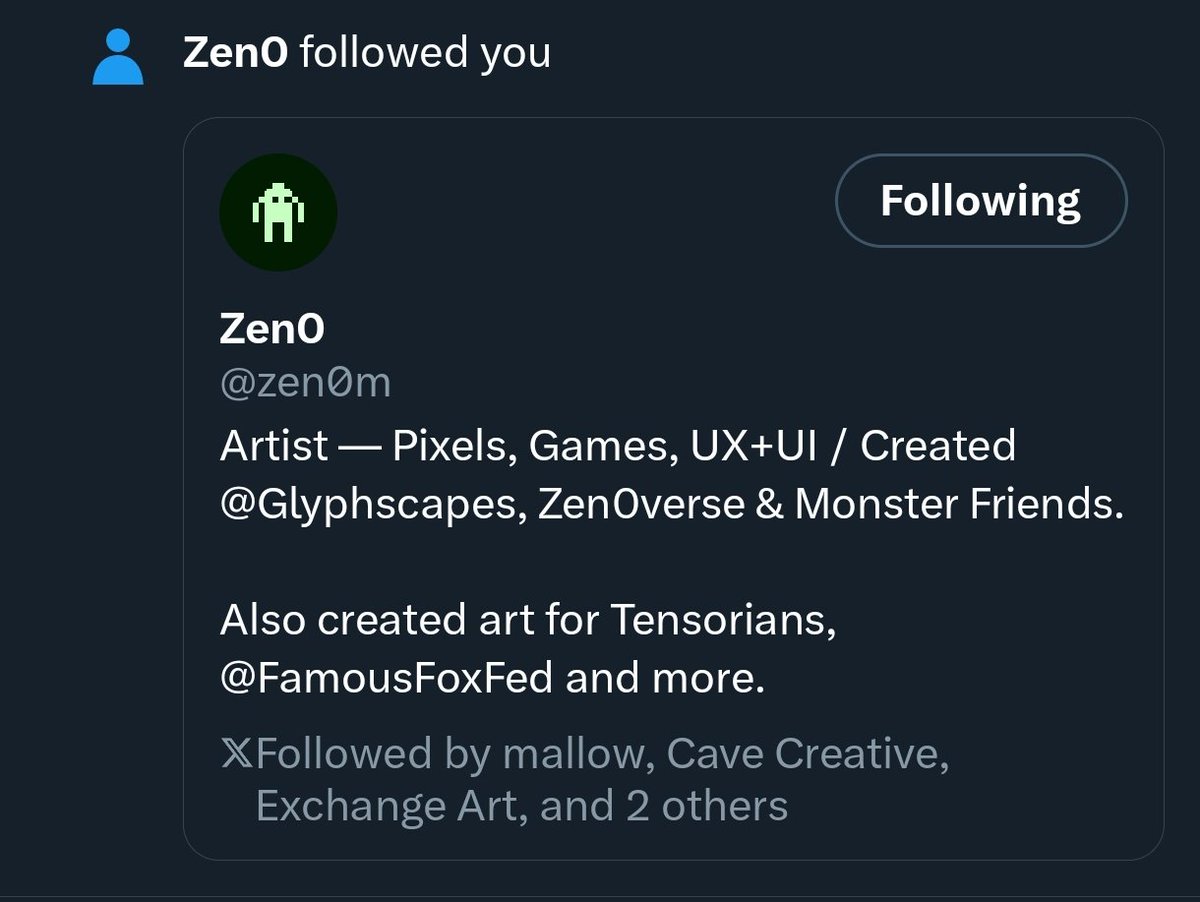We got a new follower that everyone in Solana knows, OG pixel artist <a href="/zen0m/">Zen0</a> 
It's good to see you 🫡