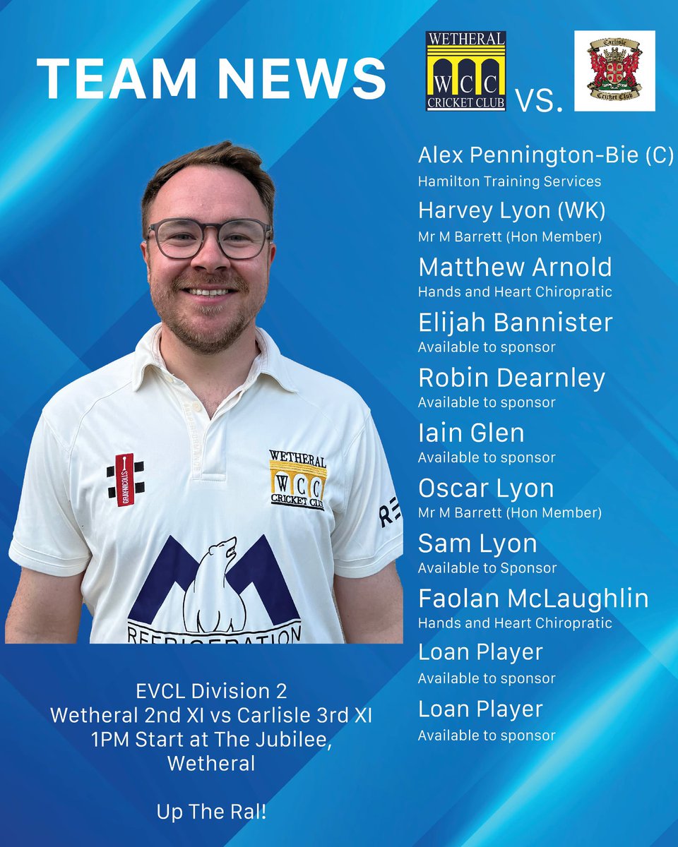 WetheralCC's tweet image. Just like that, the cricket season is almost over!

The 1st team travel to Workington 2s on Saturday looking to finish their season on a high. 

The 2nd team face league winners Carlisle 3s at The Jubilee on Sunday.

Up the Ral! 🧙‍♂️