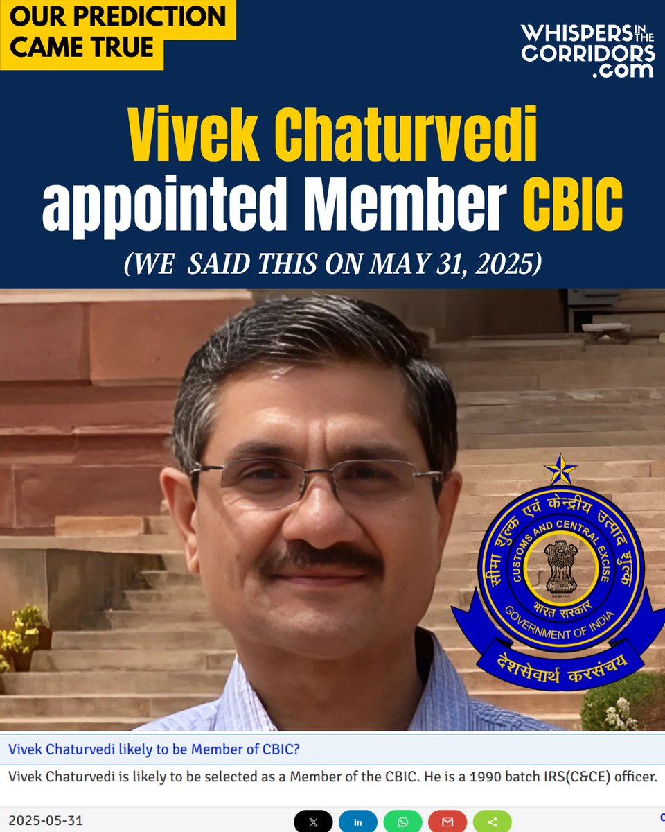 whispersinthec's tweet image. whispersinthecorridors.com
.
.
Vivek Chaturvedi appointed Member CBIC on September 3
(WE  SAID THIS ON MAY 31, 2025)
.
.
.
.
.
#VivekChaturvedi #Member #CBIC. #IRS #CCE #politics #breakingnews #GovernmentofIndia #ministry #PMO #news