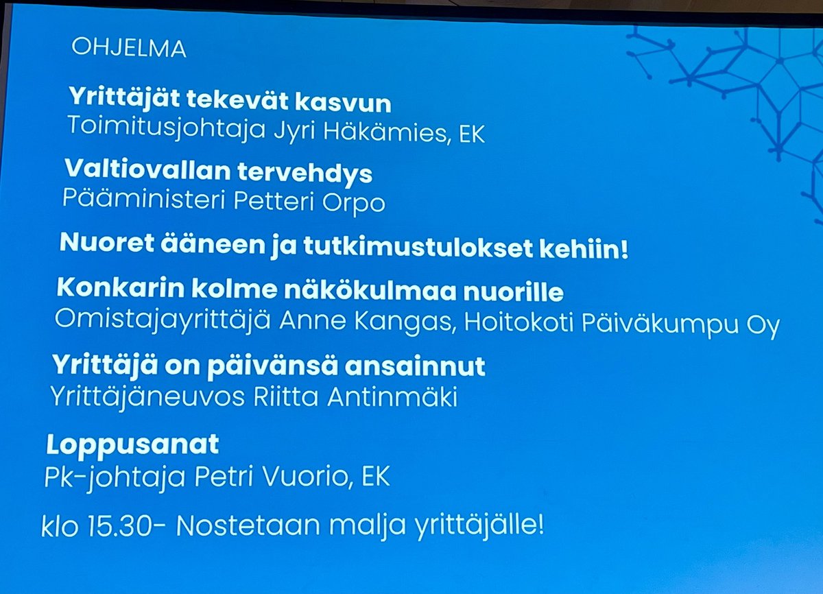 Yrittäjät tekevät kasvun!

Yrittäjän päivänä muistamme heitä, jotka yrittävät, tekevät töitä ja työllistävät eli suomalaista yrittäjää.

<a href="/Elinkeinoelama/">EK</a> järjestämässä tilaisuudessa puhumassa pääministeri <a href="/PetteriOrpo/">Petteri Orpo</a>