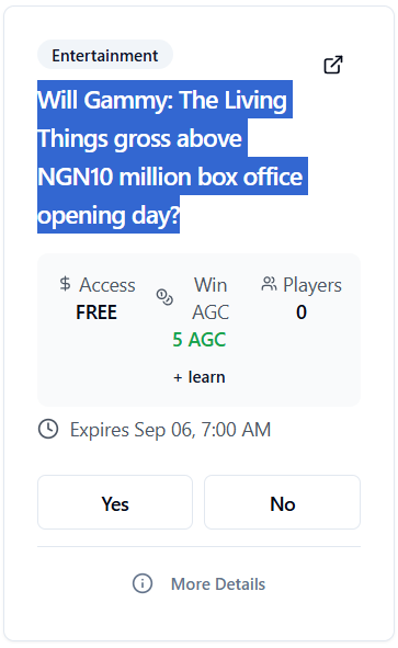 AgoraPredict's tweet photo. NEW PREDICTION.

Will Gammy: The Living Things gross above NGN10 million box office opening day?

Submit your prediction 👉 https://t.co/uynyUpRoao https://t.co/dmt9YCfAFa