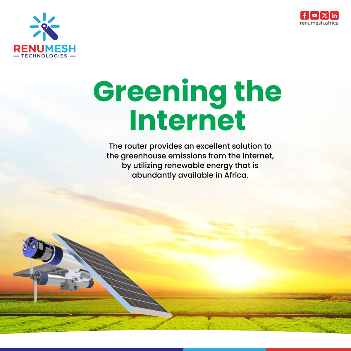 It's Friday!  😊

Weekend mood activated!  But first, let's talk about keeping that connection strong, even when the power goes out. 

Our solar-powered routers got you covered. Sunshine in, Internet out! ☀️

  Visit renumesh.africa for more details.