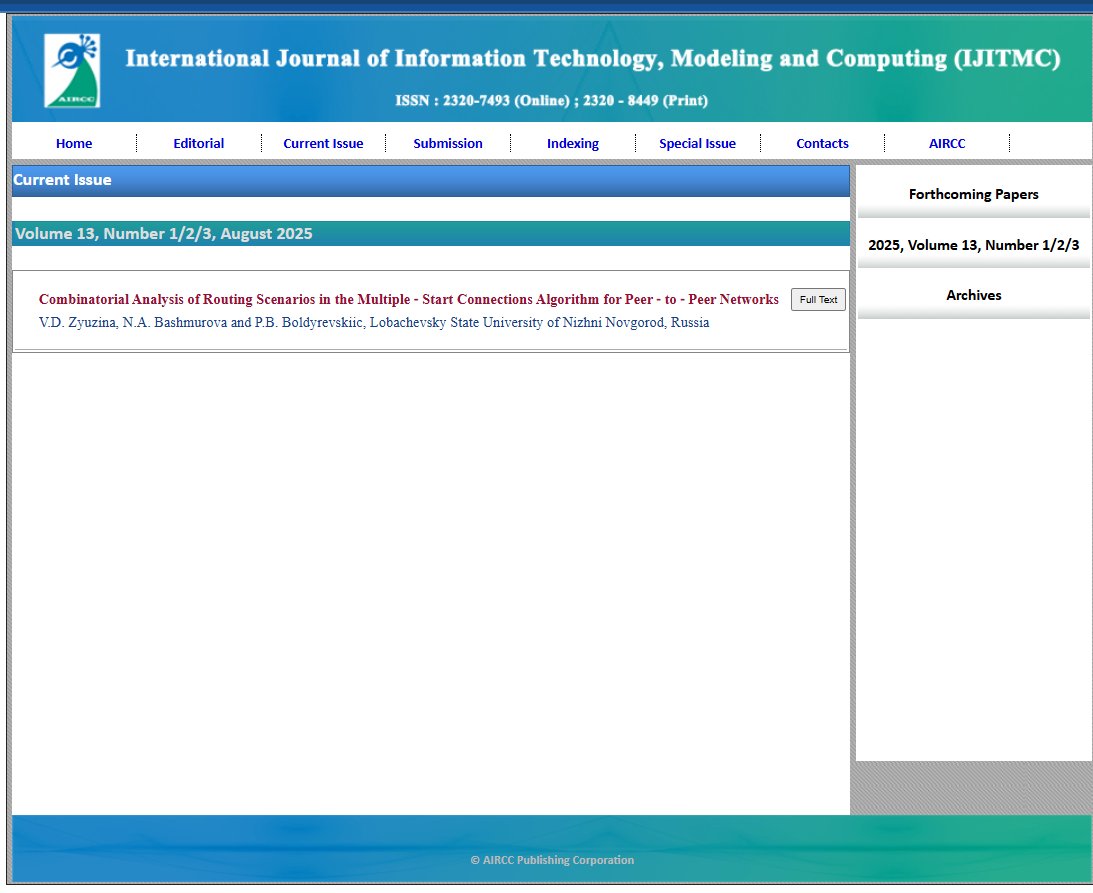 ijitmc18636's tweet image. International Journal of Information Technology, Modeling and Computing(IJITMC)
Combinatorial Analysis of Routing Scenarios in the Multiple ‑ Start Connections Algorithm for Peer ‑ to ‑ Peer Networks
url -aircconline.com/ijitmc/V13N3/1…
#routingprotocols #networksecurity #computing