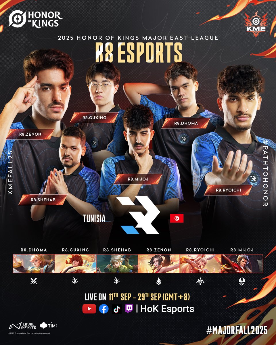 From MENA to the world— <a href="/R8xesports/">R8 Esports</a>  🇹🇳 set their sights on glory. To Infinity And Beyond at #KMEFall25.

🌟 Clash Lane: DHOMA
🌟 Jungler: GUXING/SHEHAB
🌟 Mid Lane: ZENON
🌟 Farm Lane: RYOICHI
🌟 Roamer: MIJOJ

#25HOKMajor #KMEFall25 #PathToHonor #2025HOK #HonorOfKings