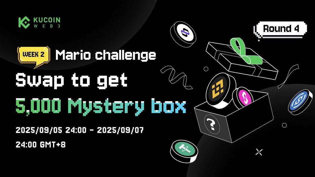 KuCoin_Web3's tweet image. 🎉 #Swap2Win is back for #MarioChallenge Round 4!

💰 Total prize: $5,000
🎁 Each mystery box worth $2–$20 in $Q, $PTB, $RARI, $ETH, $BNB) — FCFS

📅 Sep 5, 24:00 – Sep 7, 24:00 (GMT+8)
🔗 Chain: ETH

How to join:
1️⃣ Get a KuCoin Web3 wallet
2️⃣ Total swap vol ≥ $50 on ETH…