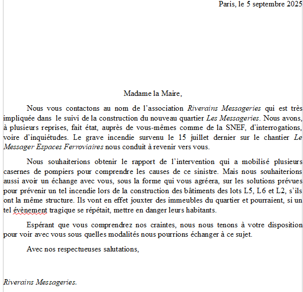 Riverains Messageries (@rivmessageries) on Twitter photo Les riverains des Messageries adressent cette lettre ouverte à <a href="/EPierreMarie/">Emmanuelle Pierre-Marie</a>. L'incendie de l'immeuble Messager est source d'inquiétude pour les riverains et la suite du projet. <a href="/Mairie12Paris/">Mairie du 12e</a> nous attendons votre réponse.
Merci
🌻🌳🌳🌳
<a href="/LeParisien_75/">Le Parisien | Paris</a> <a href="/iciparisidf/">ICI Paris Île-de-France</a> Les riverains des Messageries adressent cette lettre ouverte à <a href="/EPierreMarie/">Emmanuelle Pierre-Marie</a>. L'incendie de l'immeuble Messager est source d'inquiétude pour les riverains et la suite du projet. <a href="/Mairie12Paris/">Mairie du 12e</a> nous attendons votre réponse.
Merci
🌻🌳🌳🌳
<a href="/LeParisien_75/">Le Parisien | Paris</a> <a href="/iciparisidf/">ICI Paris Île-de-France</a>
