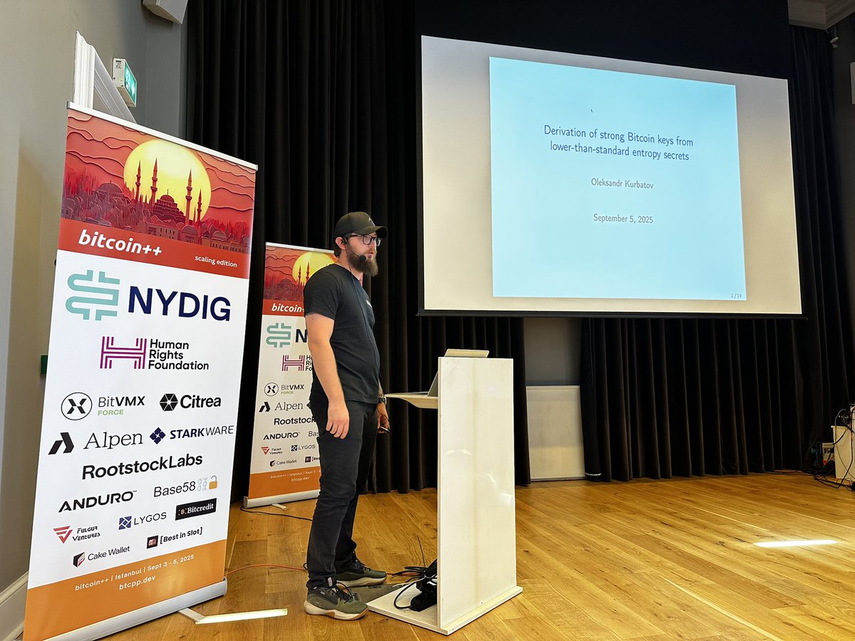 AN_mew's tweet image. 3rd amazing orange day at @btcplusplus Istanbul!
@olkurbatov on stage, showing methods to replace seed phrases with memorable, reproducible secrets @unforgetapp.