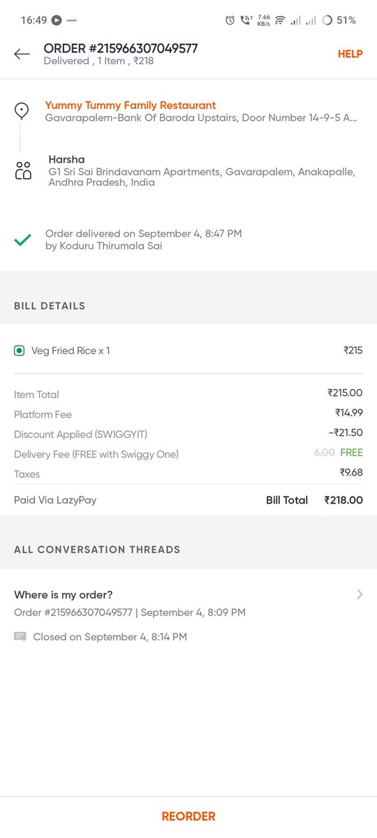 dinesh092403's tweet photo. Hey @Swiggy, I ordered veg fried rice at 8.08 PM with an ETA of 8.34 PM, but it was delivered only at 8.50 PM — 16 minutes late! This delay is unacceptable. I expect a full refund for this order. Very disappointing service. #Swiggy #latedelivery https://t.co/g34Ewj30JT
