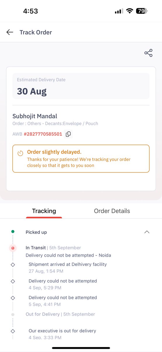 subhojit001's tweet photo. Hi @delhivery_help, AWB: 2827770585501 (booked on 24th Aug) no genuine delivery attempt has been made. Delivery dates keep changing, tickets raised didn’t help, and fake delivery attempt updates are being posted. Please take action against the delivery boy &amp; resolve this urgently https://t.co/OPdhlbHgH5