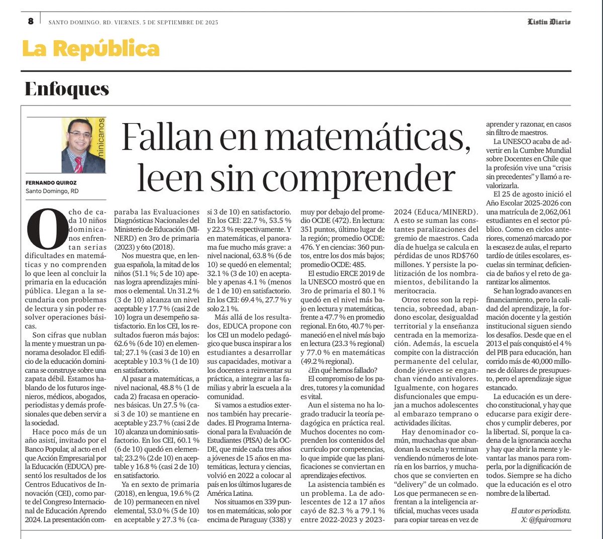 Les comparto mi columna en <a href="/ListinDiario/">LISTÍN DIARIO</a>⁩ sobre la pobreza de aprendizajes en RD, en contraste con la fortuna de más de 40,000 millones de dólares invertidos desde 2013 con el 4 % del PIB para educación.

⁦<a href="/EducacionRDo/">Ministerio Educación RD</a>⁩ 

listindiario.com/puntos-de-vist…

#EducaciónDominicana