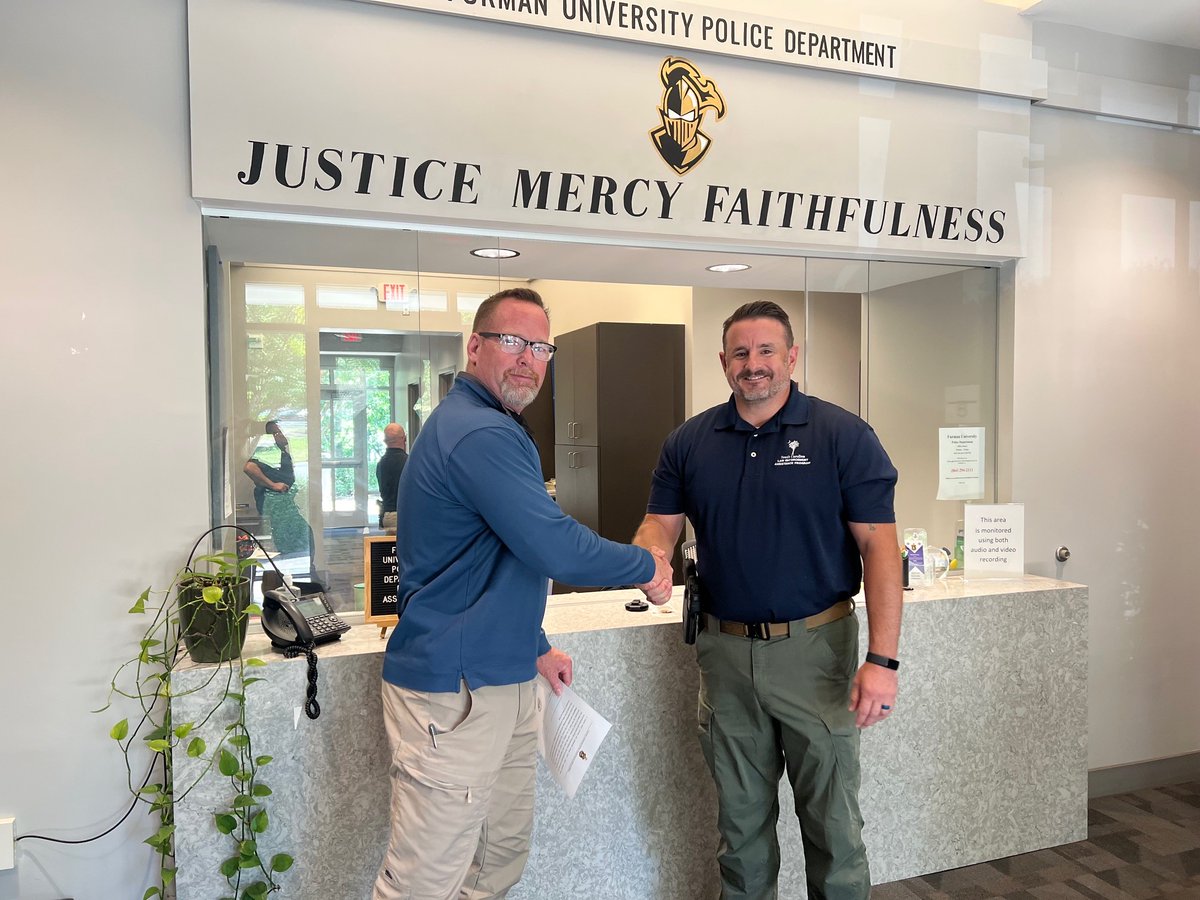 Furman_PD's tweet photo. Chief Milby and Lt. Johnson welcome our newest member, Sergeant Matt May, who took the oath office Tuesday.  Matt is a 25-year law enforcement veteran and we're glad to have him join our team! https://t.co/IaTCWGf20x