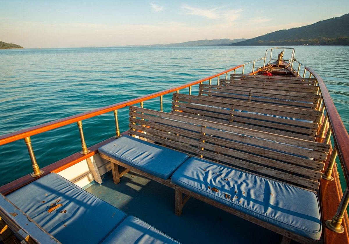 p_chusaengsri's tweet photo. View from the bow of a boat with wooden benches and blue cushions, overlooking calm turquoise waters and distant hills at sunset.
#BoatView #TurquoiseWaters #SunsetSerenity #WoodenBenches #CalmHorizon https://t.co/RsFpCSxjYx