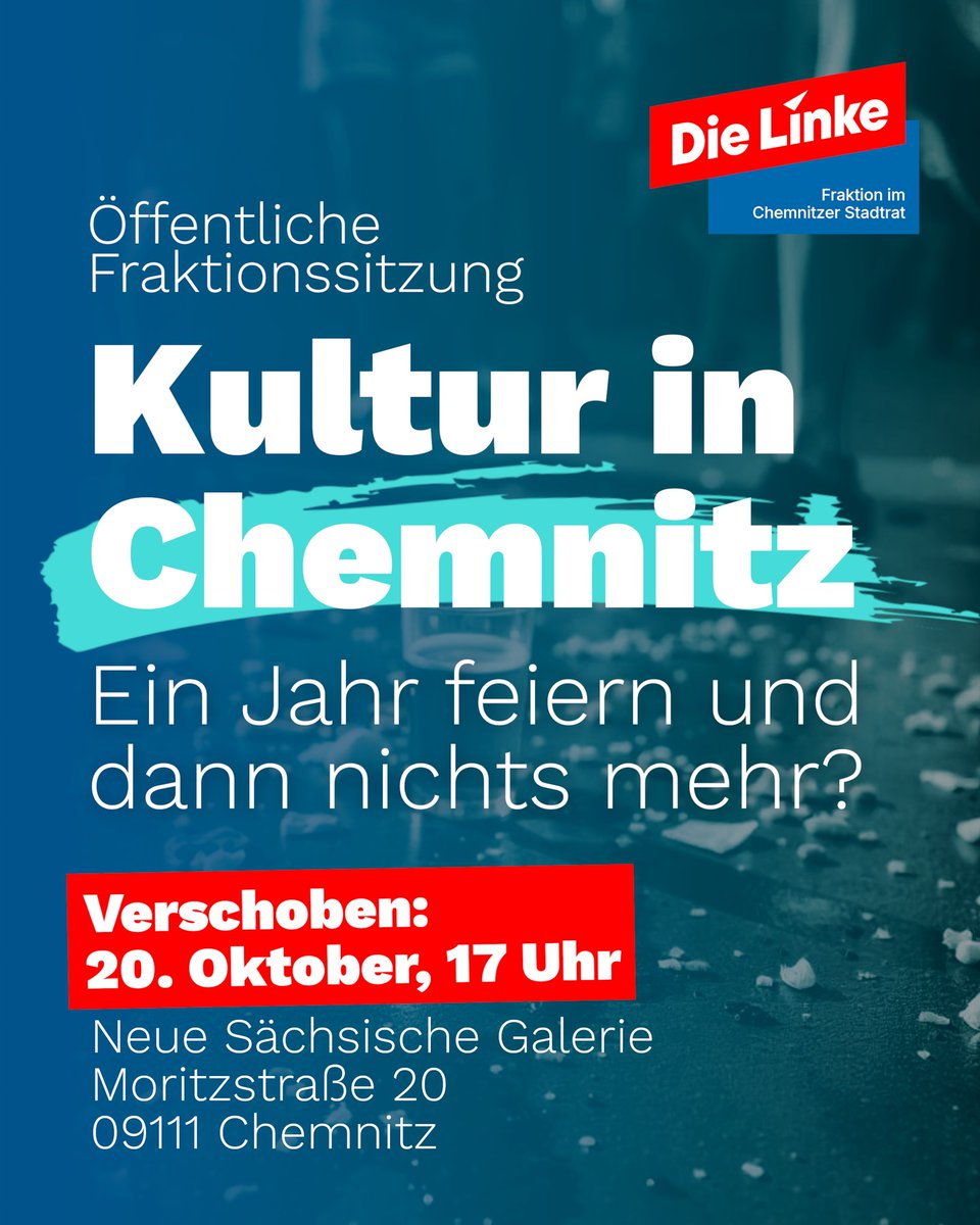 Neuer Termin! Unsere öff. Fraktionssitzung findet nun am 20.10. um 17 Uhr statt. Der Ort bleibt derselbe. Kommt vorbei, bringt eure Fragen, Ideen und Anregungen mit – wir freuen uns auf den Austausch mit euch! Zur Veranstaltung geht's hier: t1p.de/cves6
#stadtratc