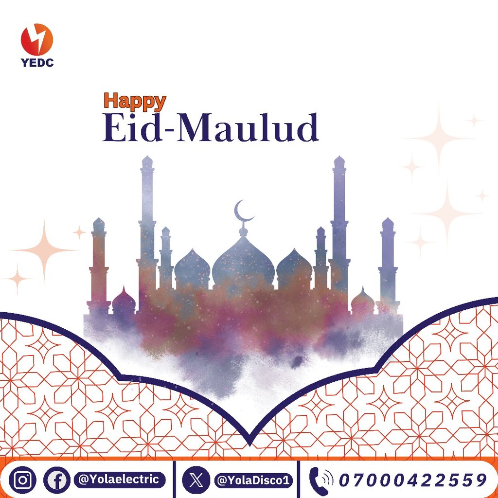 Wishing you a blessed Eid Maulud!
May the teachings of Prophet Muhammad guide us towards love, peace, and compassion.
For enquiries, reach out to us  on 📲07000422559, 📧 Complaints@yedc.com.ng
💡💡💡 💡
#YEDC#Cashless Regime#September1#Adamawa#Borno#Taraba#Yobe#WeAreHereToServe.