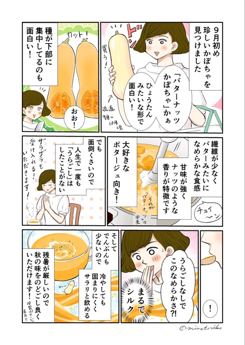 珍しい「バターナッツかぼちゃ」を発見しました🎃👀繊維が少ないので、ポタージュにしたらシルク級のなめらかさ‼️あまり流通していないので出会えたらラッキーです😊#エッセイ漫画 #コミックエッセイ #漫画が読めるハッシュタグ #日常漫画 #バターナッツ #かぼちゃ #野菜ソムリエ 