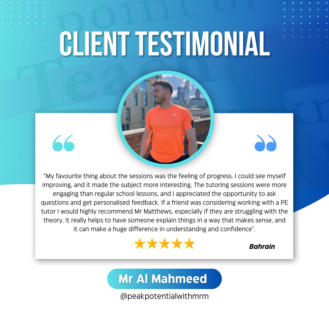 PeakPotentialMM's tweet image. 👨🏻🏫 Are you struggling in PE? 🤔
📞 If so, book your FREE call today and read what Mr Al Mahmeed had to say about his recent experience with Peak Potential. 🤩
📩 Reach out via email at pp.teencoach@gmail.com for more info and package availability.
#tutor #petutor #pe